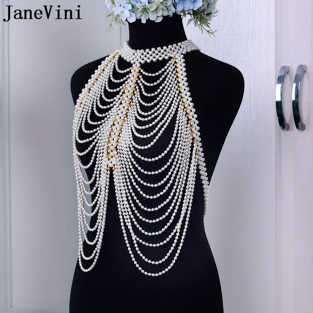 JaneVini High-end Sexy Multilayer Pearls Necklaces Bridal Collar Shoulder Chain Pendants Women Body Jewelry Wedding Accessories