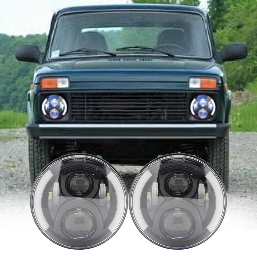 1pc 7 Inch LED Headlights DRL Hi/Lo Beam 50W Halo Ring Amber Angel Eye For JEEP Niva Motorcycle Lada Offroad 4x4 UAZ 12V 24V view 6