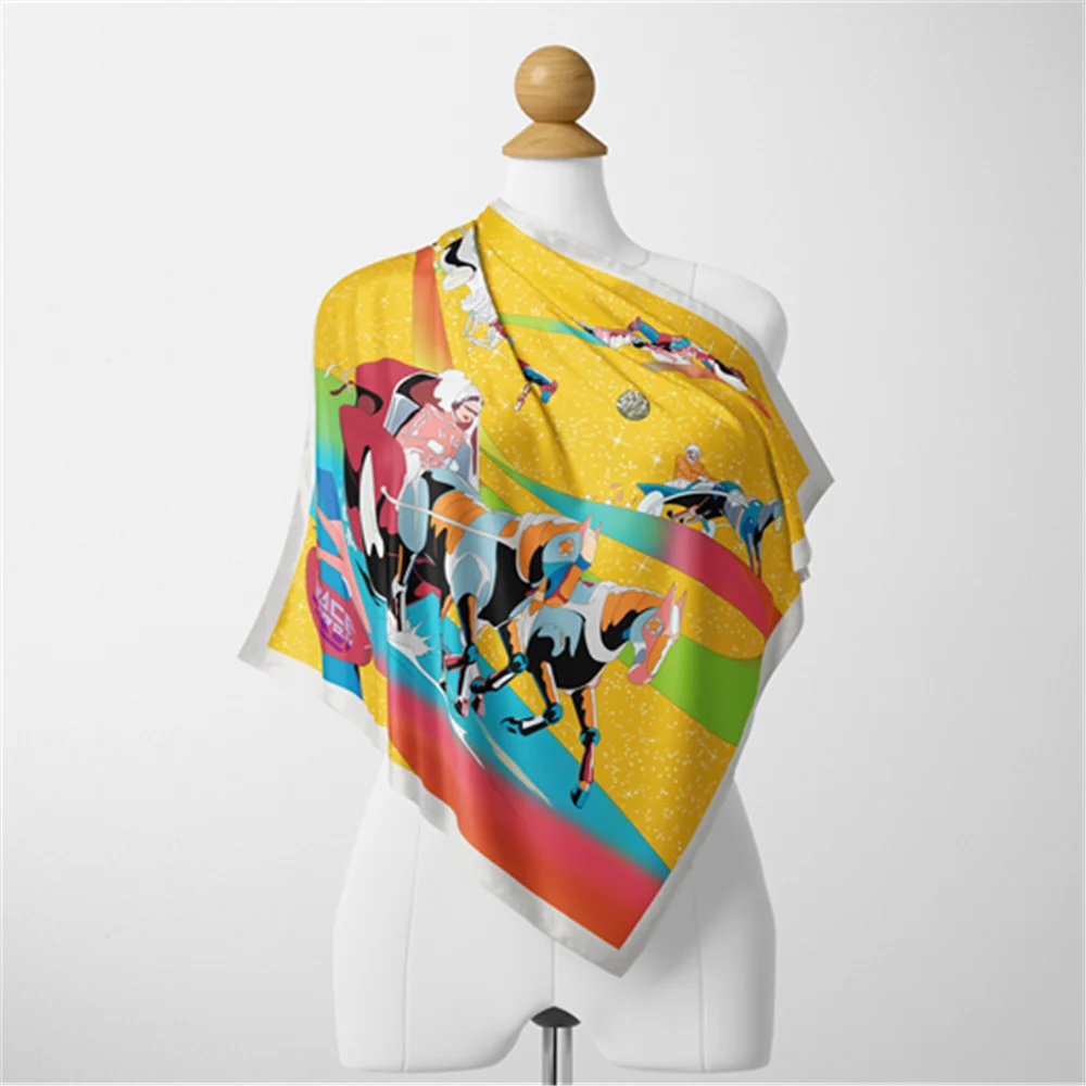 Twill Silk Scarf Woman Horse Carriage Print Square Scarves Wraps Bandana Small Hijab Foulards Lady Tie Headband Neckerchief 53CM