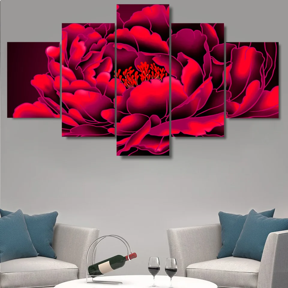 

Flower Printed Painting Wall Art, Modular Poster, Modern Canvas, Living Room Pictures, Home Decoration Frame, 5 Panels