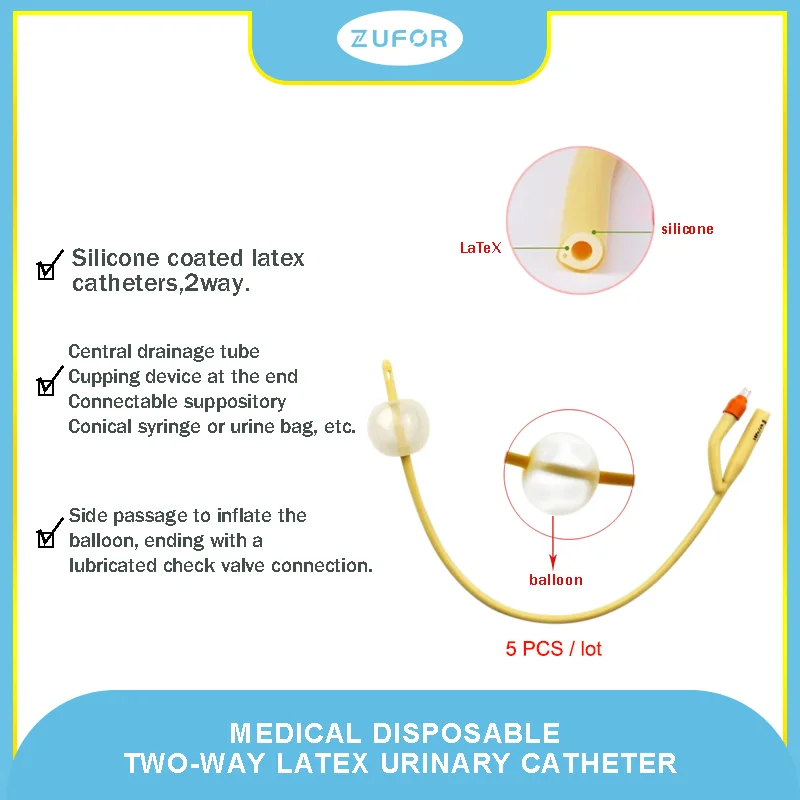 5pcs/lot Disposable 2 way Foley Catheter Silicone Coated with soft valve sterilizations Latex Urethral Catheter