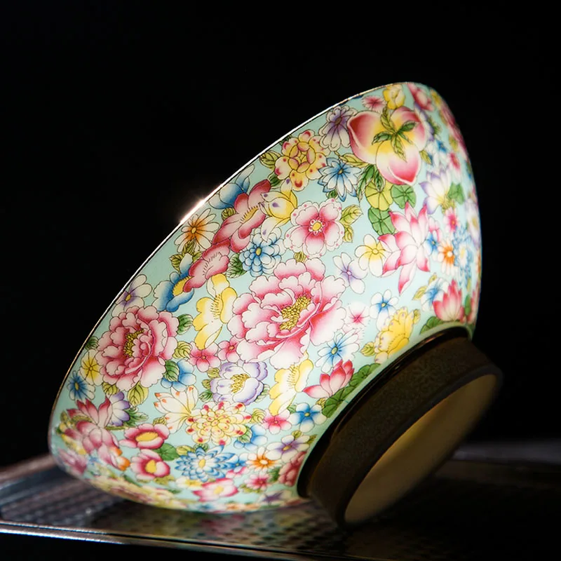 Gold Painted Flower Enamel Rice Bowl Noodles Bowl Single High Foot Anti Scalding Chinese Jingdezhen Bone China Tableware