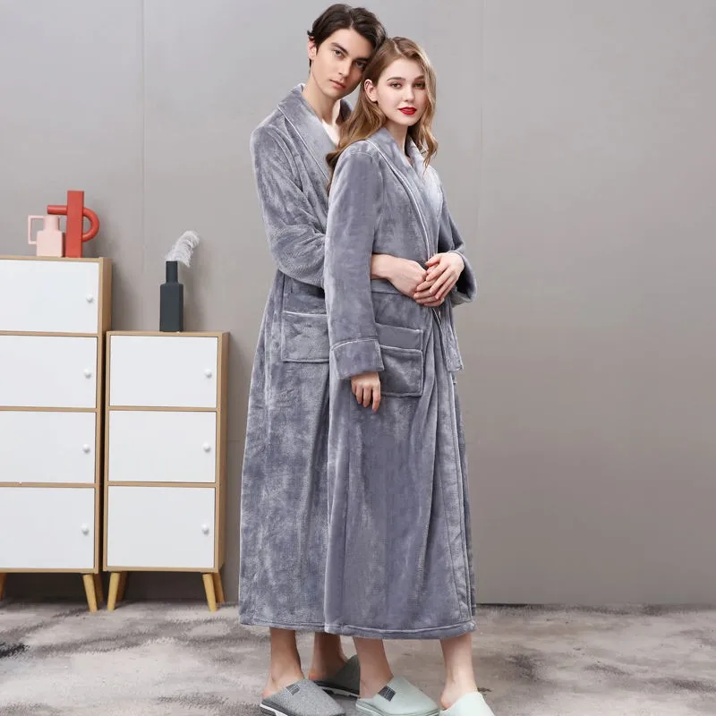 Men Plus Size 3XL Flannel Kimono Bath Gown Ultra Long Large Robe Coral Fleece Nightgown Lovers Couple Thick Warm Sleepwear MR001