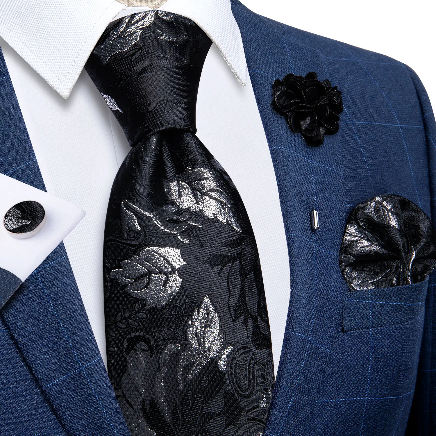 Blaue silberne Paisley-Krawatten für Herren, luxuriöses 8 cm breites Set mit Krawatte, Einstecktuch, Manschettenknöpfen, Brosche, Weihnachtsgeschenke für Männer – Detail 28