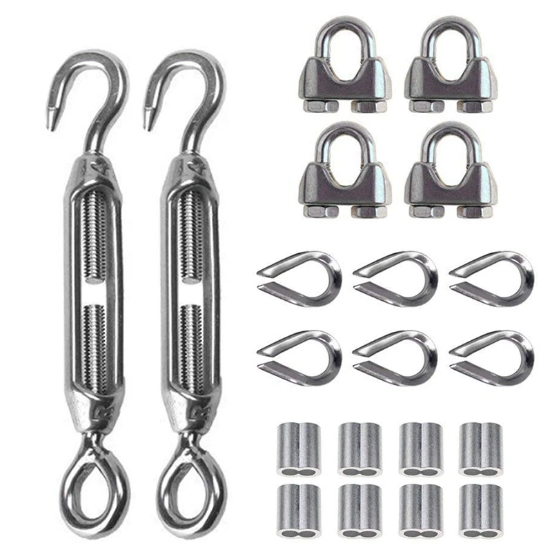 SHGO HOT-20Pcs Heavy Duty Wire Rope Tension Kits Turnbuckle 1/8 Inch Wire Rope Cable Clip/Clamp Thimble Wire Rope Aluminum Sleev