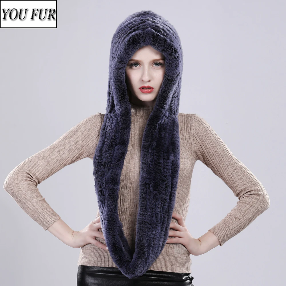 

2023 New Winter Outdoor Women Real Rex Rabbit Fur Hat Scarf Natural Warm Rex Rabbit Fur Hat Russia Lady 100% Genuine Fur Scarves