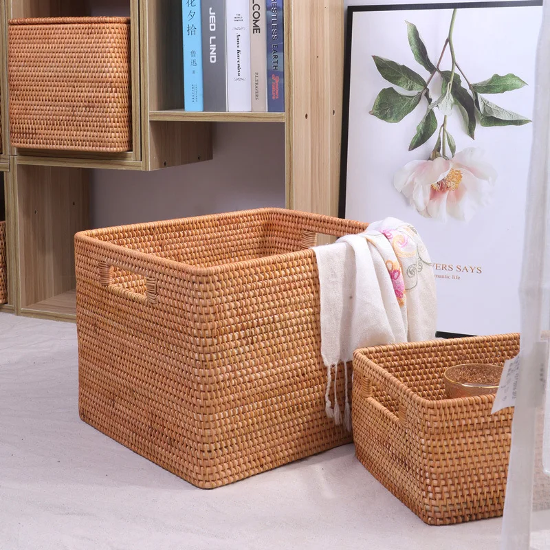 

Rattan Basket With Handle Storage Baskets for Organizing Handmade Large Capacity Portable Clothing Storage Box Household