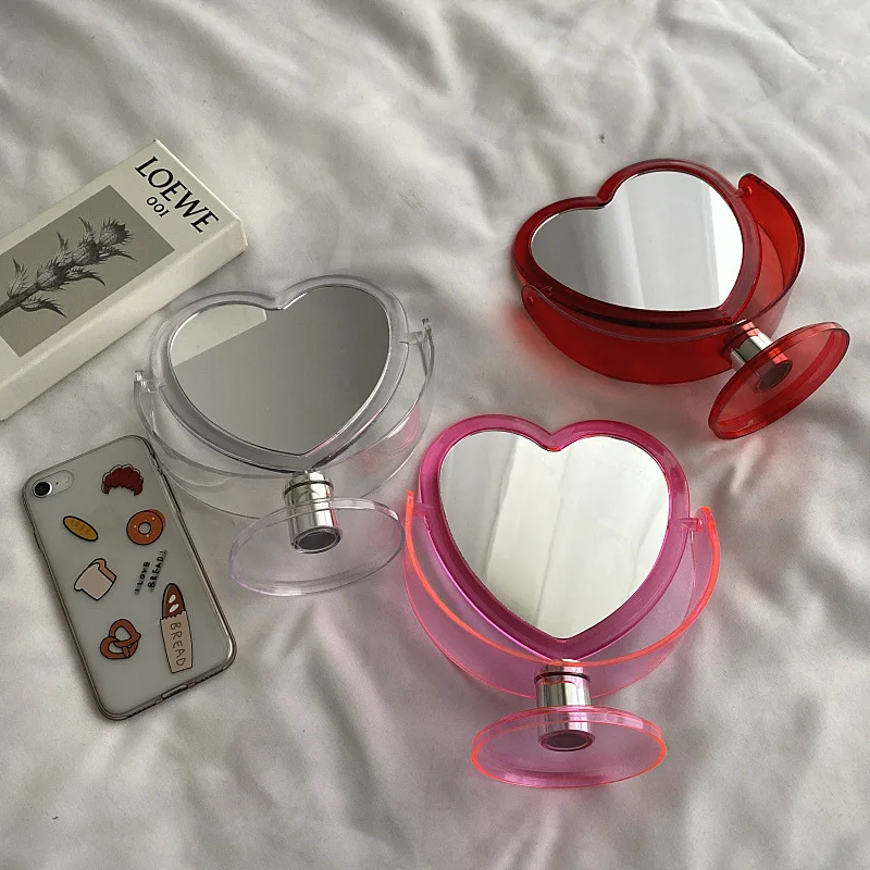 

New Acrylic Double Side Makeup Mirror Heart Shaped Cosmetic Mirror Transparent Base Home Bedroom Desktop Make Up Mirror