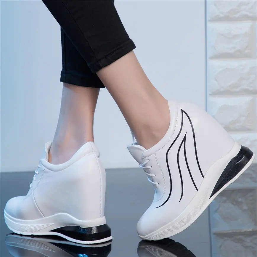 New Trainers Women Lace Up Genuine Leather Wedges High Heel Platform Pumps Shoes Female Round Toe Fashion Sneakers Casual Shoes