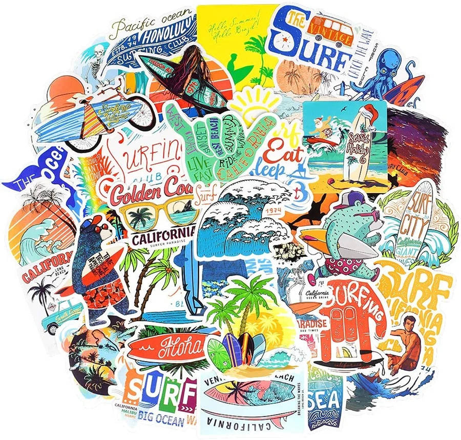 50PCS Outdoor Surfing Sticker Summer Sports Tropical Beach Surfing Waterproof Stickers to DIY Laptop Suitcase Car Decal Toys