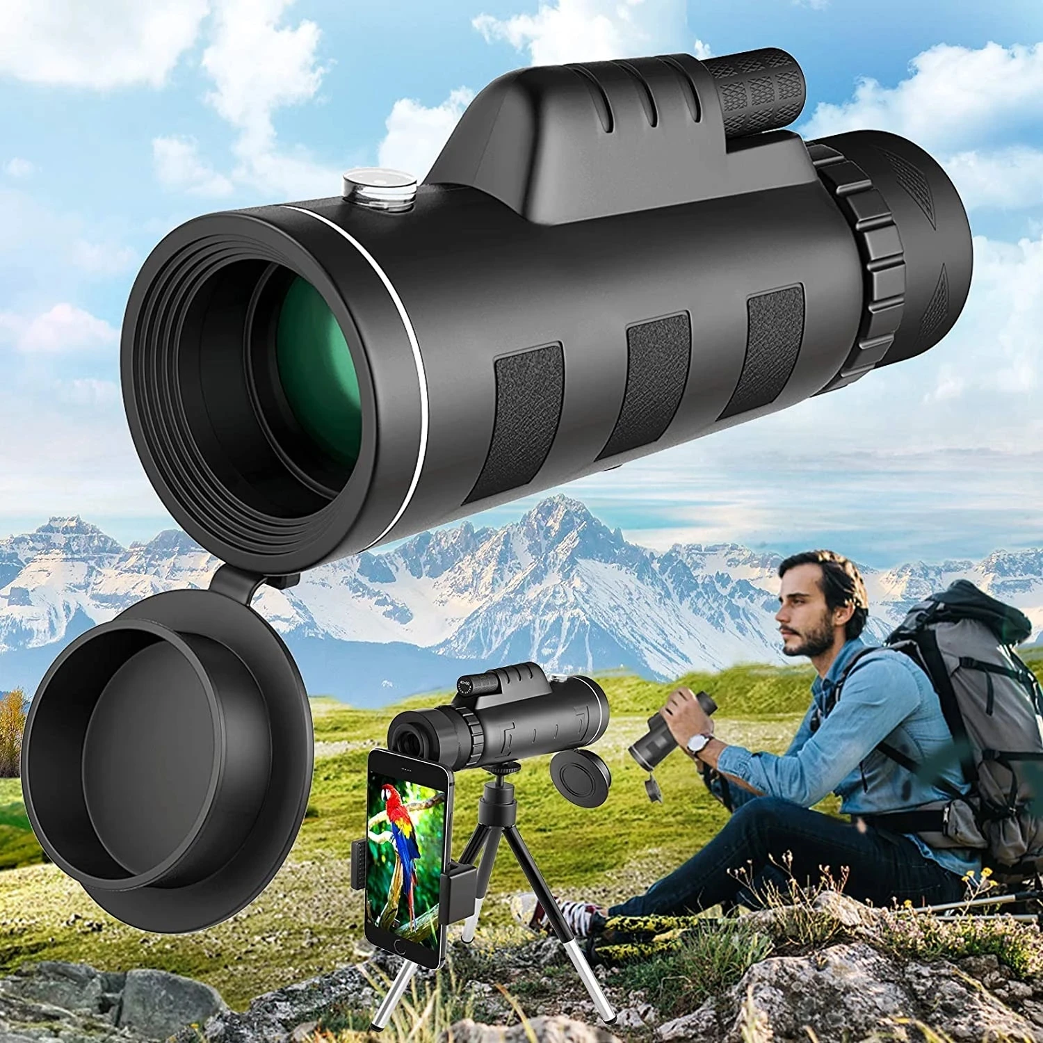 

Powerful 40X60 HD Monocular Telescope Phone Camera Zoom Starscope Tripod Telescope Phone Clip For Outdoor Camping Accessories
