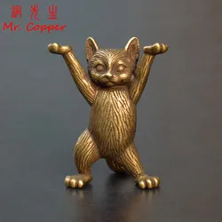 Antique Copper Cartoon Kung Fu Cat Statue Desktop Ornaments Metal Brass Animal Figurines Miniatures Home Decorations Accessories