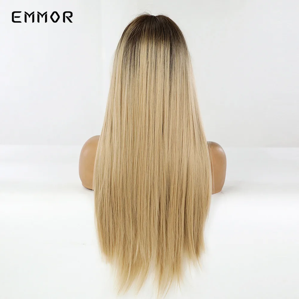 Emmor Synthetisch Zwart Wortel Ombre Light Golden Blond Steil Haar Pruiken Met Pony Hoge Temperatuur Cosplay Daily Pruik Voor Vrouwen