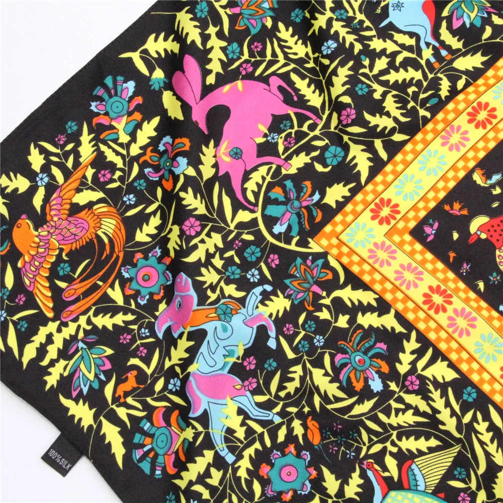 POBING Twill Silk Scarf Women Shawls Forest Animals Print Stoles Bandana Kerchief Hijab Square Scarves Wraps Silk Foulards 130CM