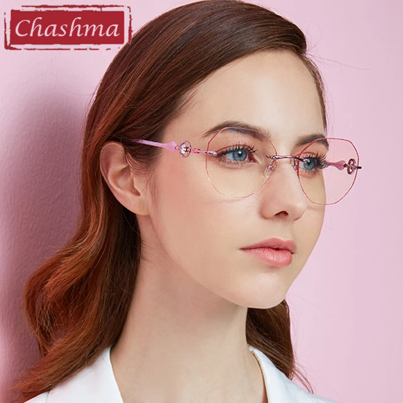 

Chashma Rimless Titanium Glasses Fashion Female Eyeglasses Diamond Sunglasses Spectacle Frames Women Gradient Color Tint Lenses