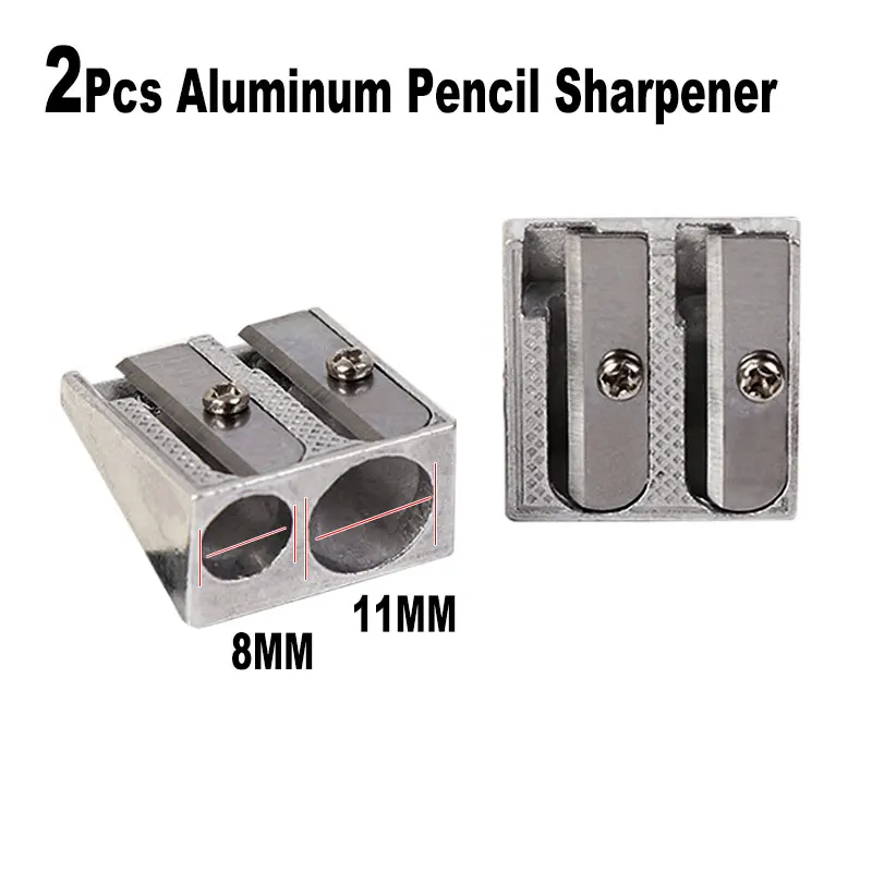 2Pcs Set Creative Aluminum Double Hole 11mm 8mm Pencil Sharpener Metal Beveled Dual Use Office School Art Sketch Student Gift