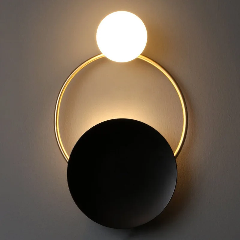 Round Black Iron Panel Wall Background Lamp WitGolden Ring Frosted Glass Ball Shade G9 LED Tricolored Light For Aisle