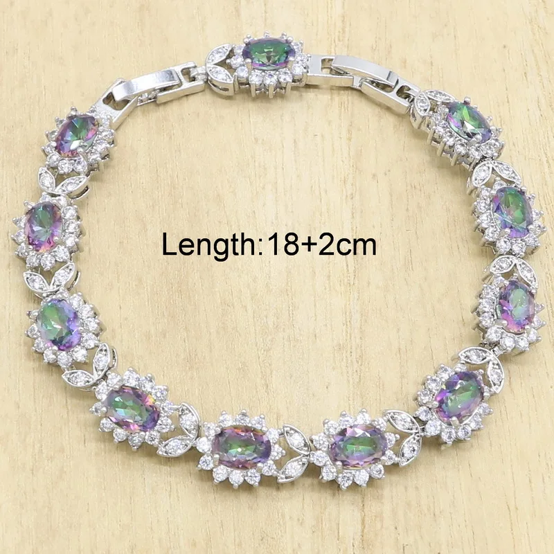 Silver 925 Jewelry Set Bridal For Women Rainbow Topaz Wedding Bracelet Necklace Rings Birthday Gift