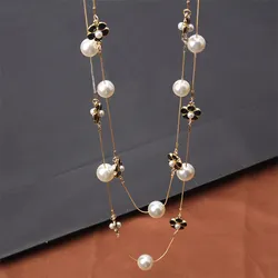 High Quality Women Layered Pearl Sweater chain Necklace Collares de moda multi-layer camellia Flower long Necklace Party Jewelry