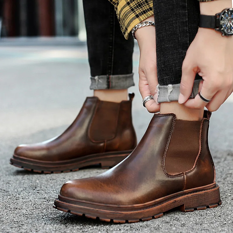 

Fading Colour Brown Boots Elastic Band High Top Shoes Slip-on Men Work Boots For all seasons