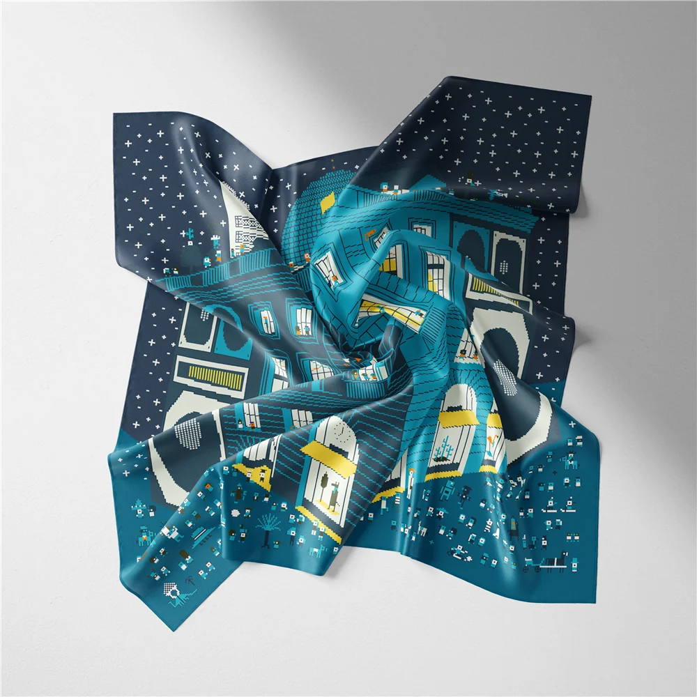 Twill Silk Scarf Woman Buliding Painting Square Scarves Wraps Bandana Small Hijab Silk Foulards Tie Headband Neckerchief 53CM