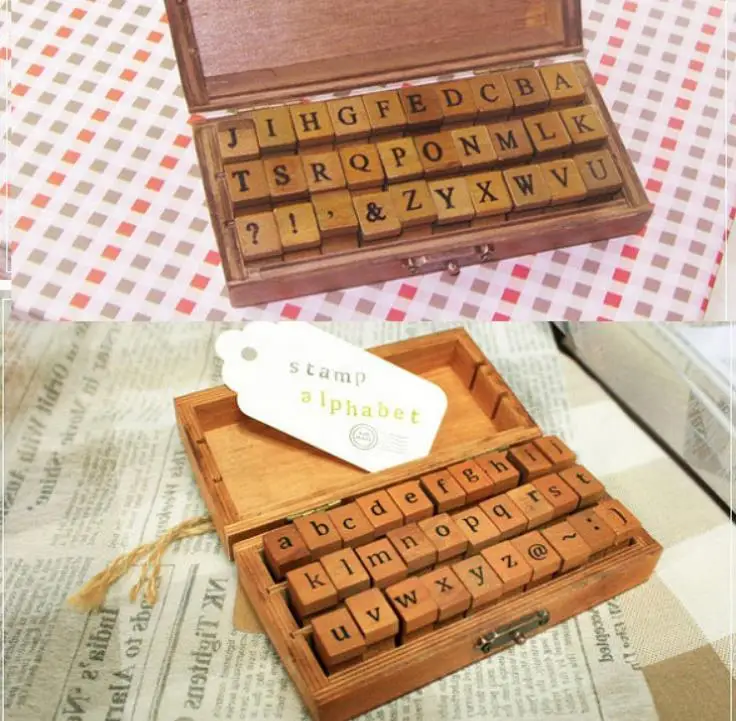 Wholesale Creative Lowercase Uppercase Alphabet Wood Rubber Stamps Set With Wooden box,50sets/lot SN1657