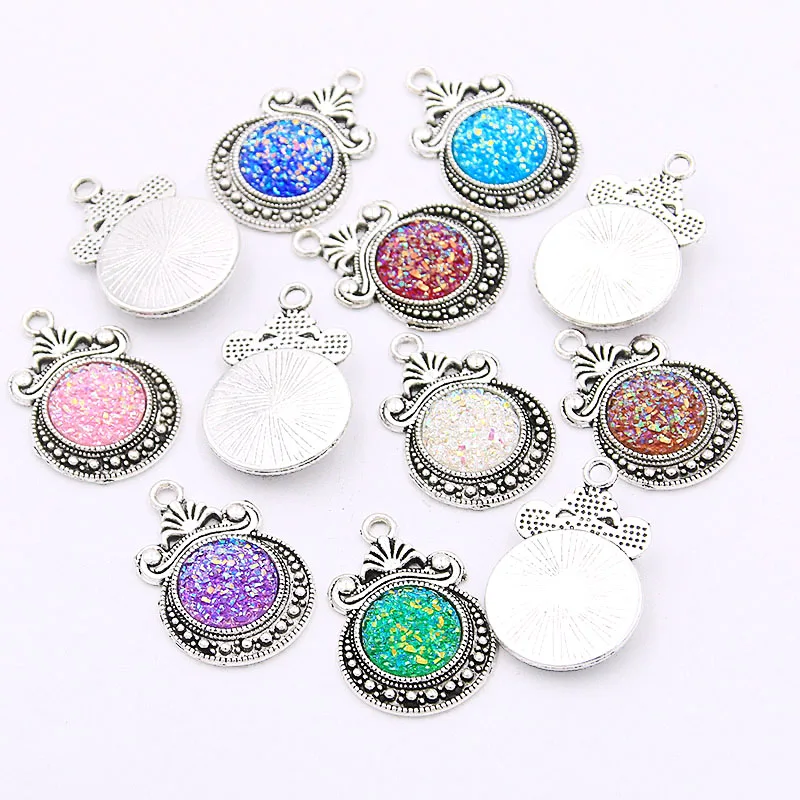 10PCS 19X27mm 12 Color Gypsophila Charms Round Base Setting Jewelry Metal Alloy DIY Bracelet Earrings Handwork Marking