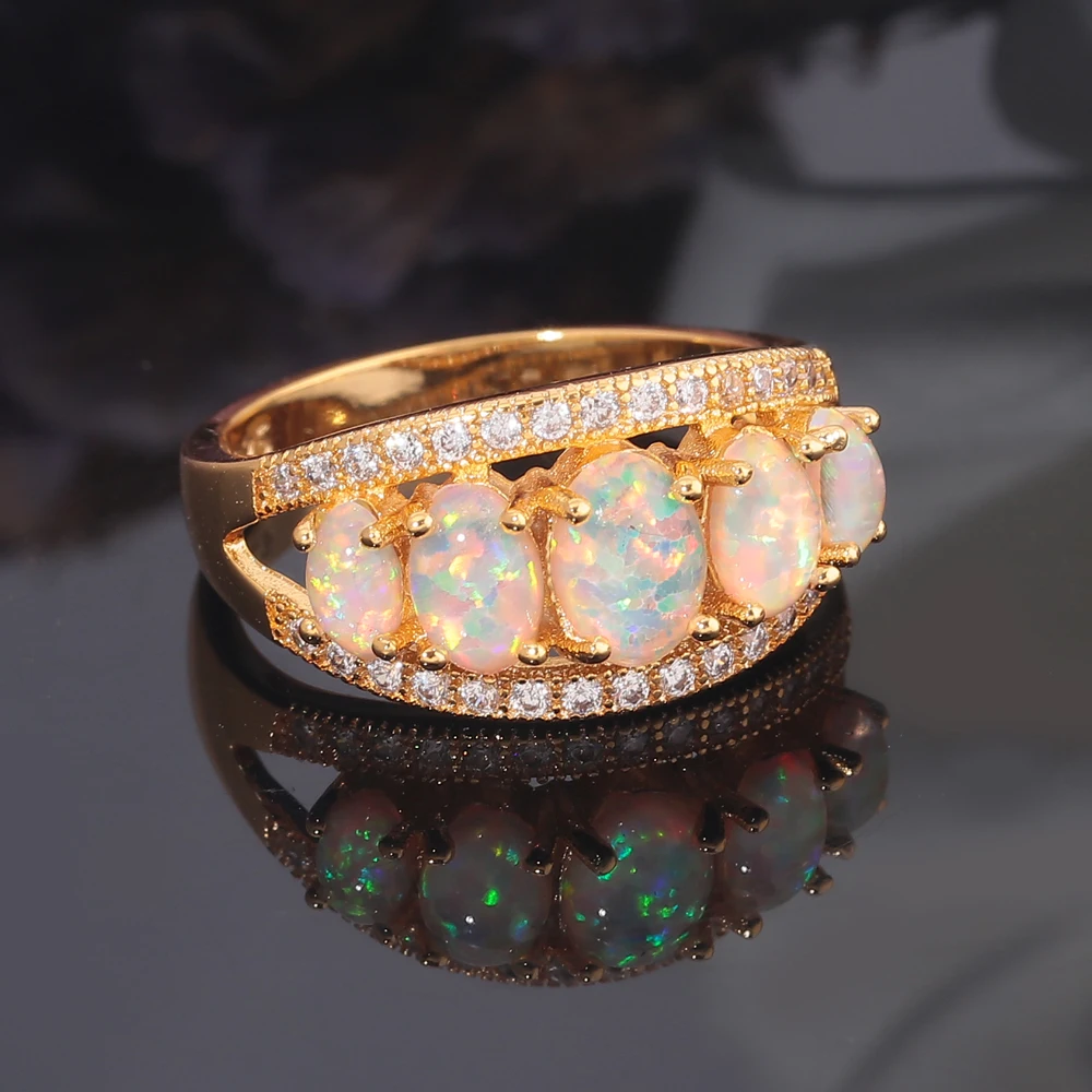 CiNily White Fire Opal Finger Rings Yellow Gold Color CZ Crystal Luxury Large Filled Ring Bohemia Boho Fully-Jewelled Gift Woman