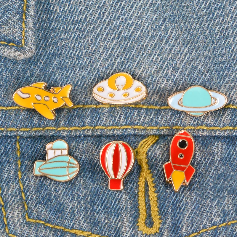 Creative Bicycle Electric Vehicle Car Enamel Brooch Planet Hot Air Balloon Rocket Spacecraft Airline Ticket Badge Cartoon Pin