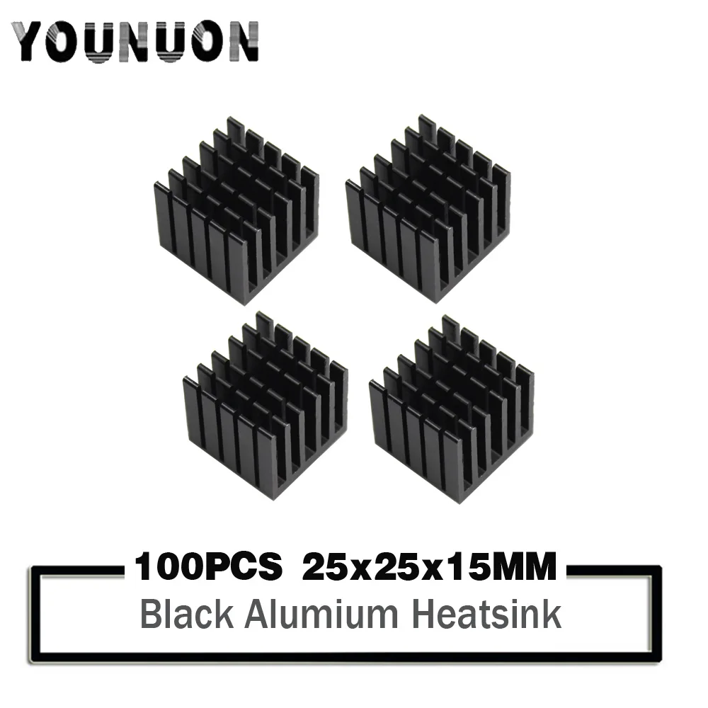 

100Pcs YOUNUON Black 25x25x15mm Aluminum Heatsink for Chip CPU GPU VGA RAM IC LED Heat Sink Radiator Cooling with 3M Tape