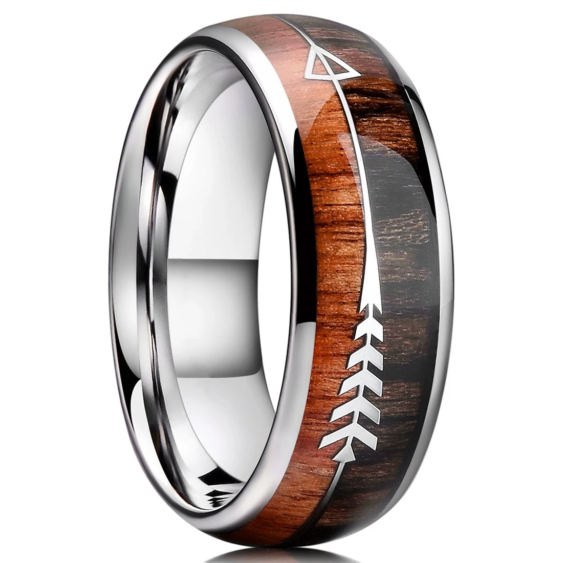 Luxury Mens 8mm Koa Wood Arrow Inlay Titanium Wedding Ring Viking Hunting Stainless Steel Engagement Ring Men Wedding Band Gift