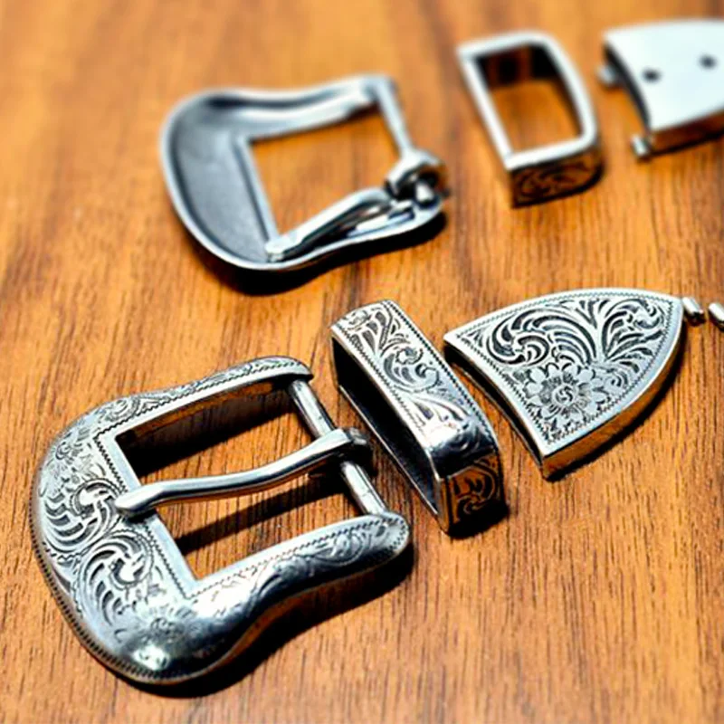 Ceinture en métal plaqué argent pour hommes, style vintage, boucle en relief, 3 pièces, bricolage, cuir, artisanat, 3 pièces, ensemble