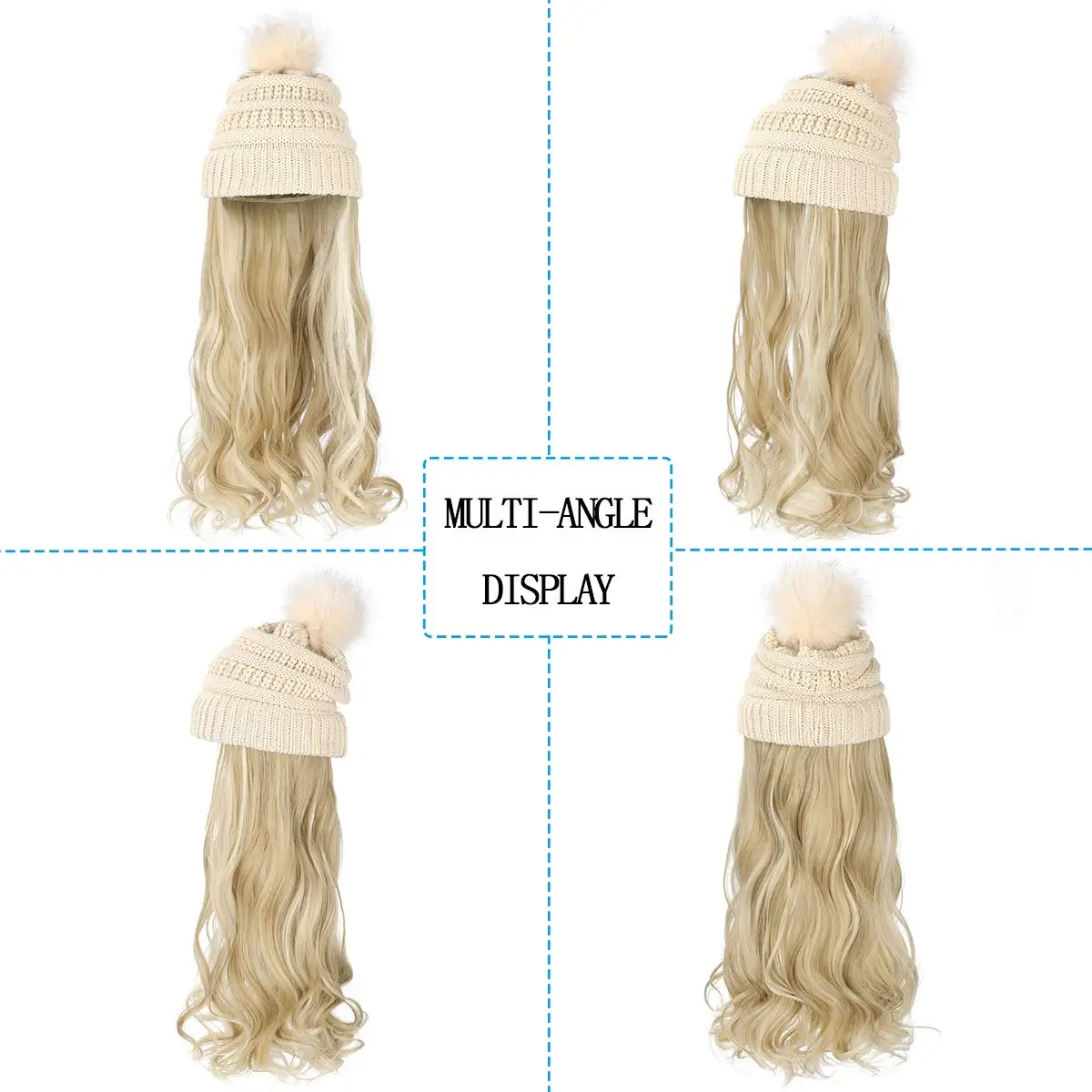 SHANGZI Hat Wig Synthetic Long Wavy Wigs white Plus velvet Beret Hat Knitted Fashion black Autumn Winter Cap Hair Wig Extensions