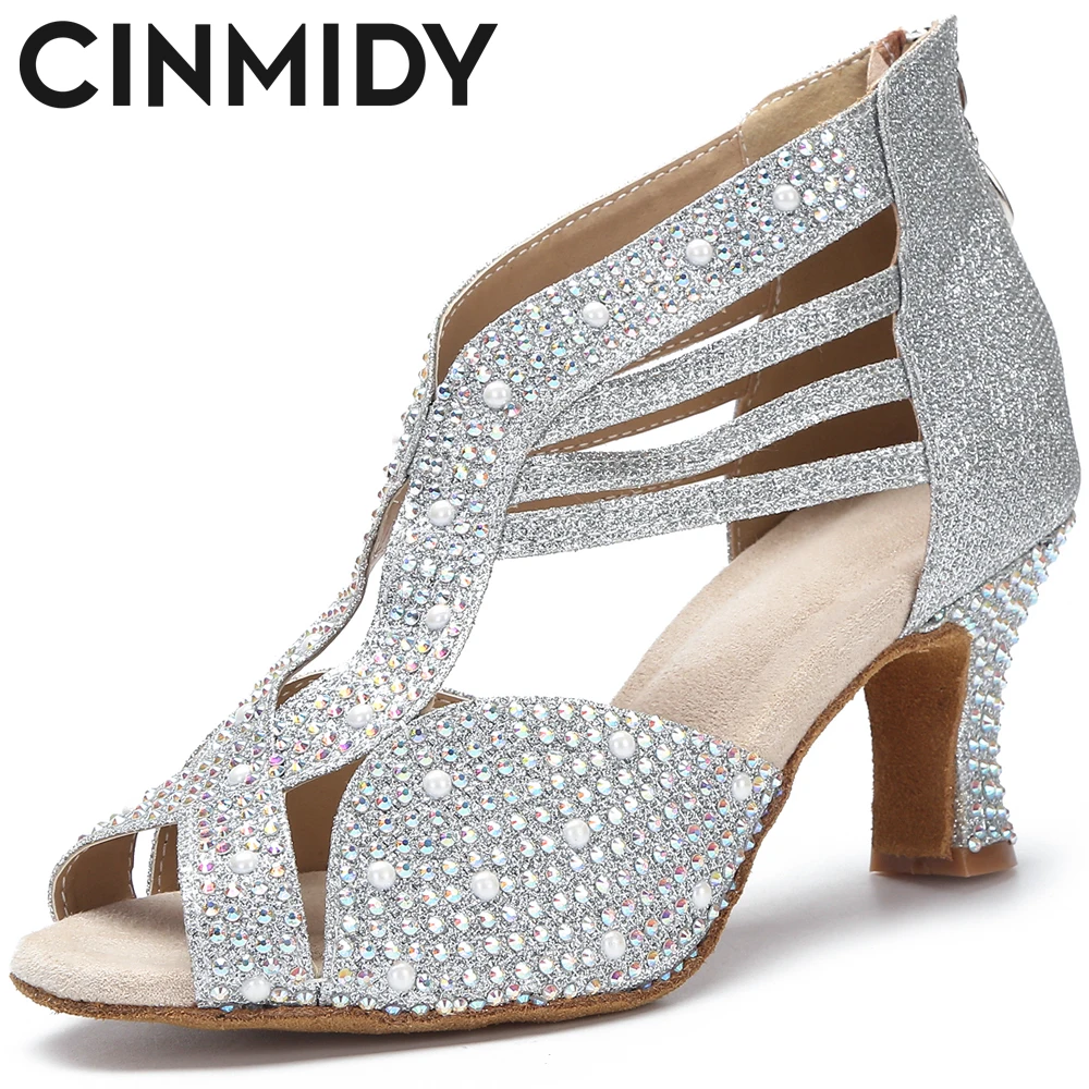 Zapatos de baile CINMIDY con diamantes de imitación, zapatos de baile de salón para mujer, zapatos de baile latino Salsa, zapatos modernos, zapatos de fiesta de suela blanda para interiores