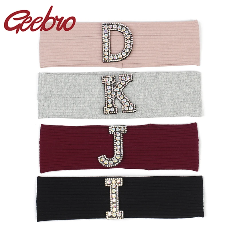 Geebro Woman AB Crystal Rhinestone Letter Cotton Ribbed Headband Headwear Ladies Stretch Hairband Wide Turban Hair Accessories