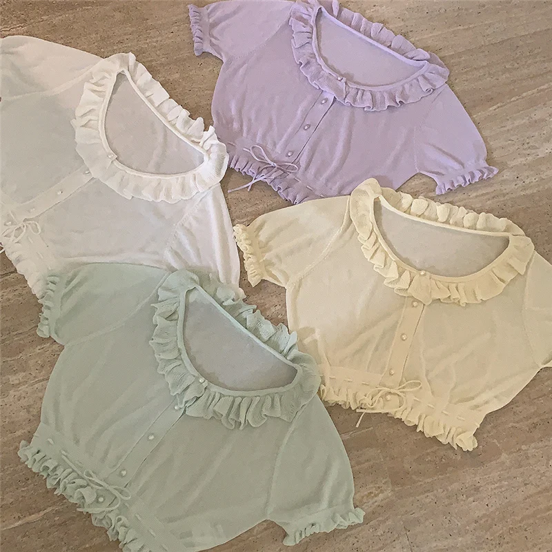 Summer Vintage Ruffles Short Sleeve Blouses for Women Korean Lace Up Knitted Crop Tops Lolita Cute Girl Sweet Button Down Shirts