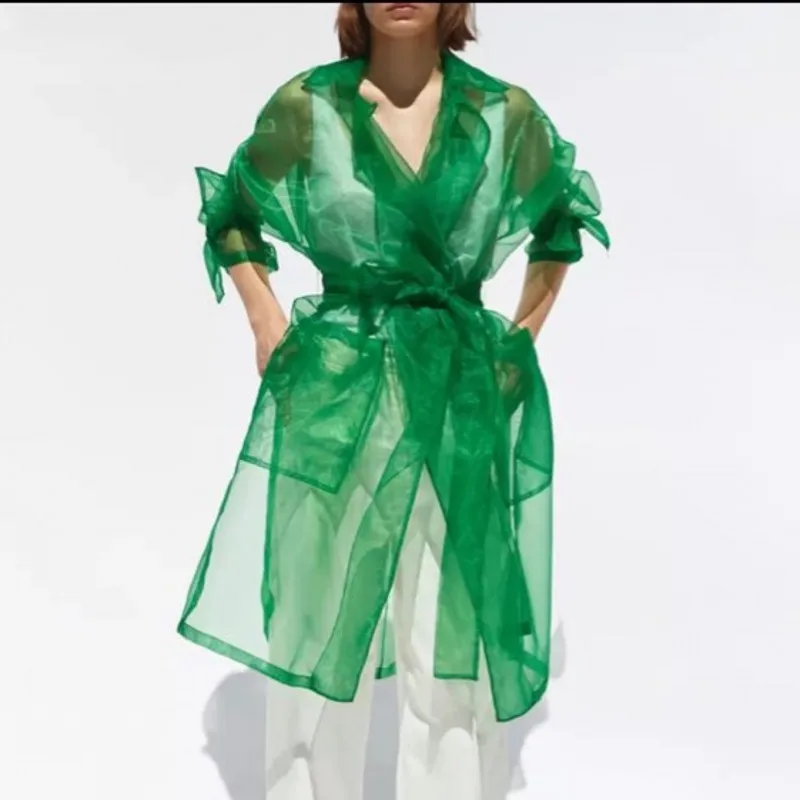 

Green Women Dresses With Ribbon Sash Formal Organza Robes High Street Women Dress Long Sleeves Knee Length Dress Summer Wear