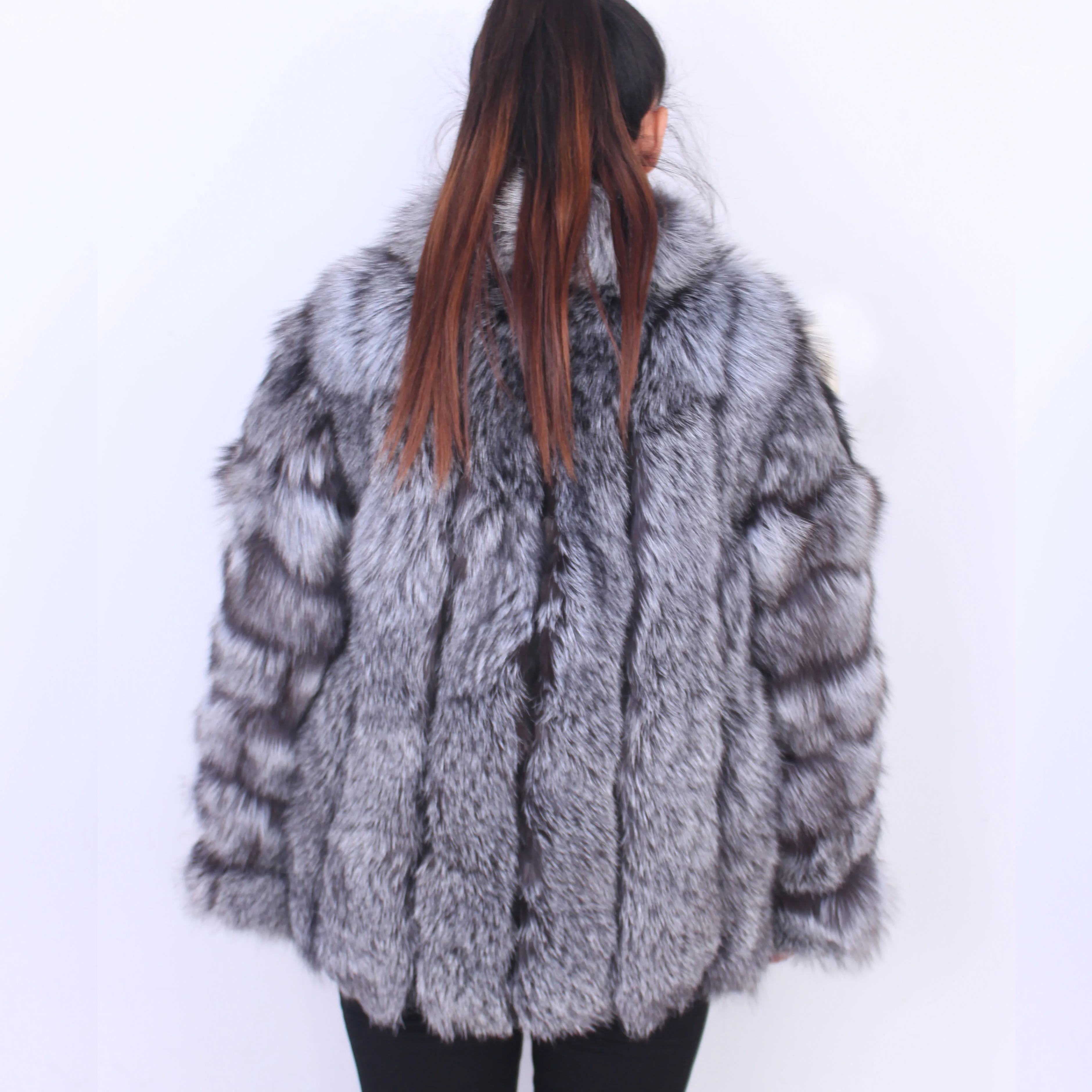 Linhaoshengyue  winter fashion women  natural Silver Fox fur coat  women  with stand collar,real fox fur coat