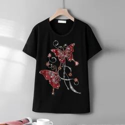 Summer New Fashion short-sleeve T-shirts female personality butterflies Hot diamonds pattern Loose Casual Round neck women tops