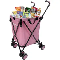 Chariot d'épicerie de supermarché rose à quatre roues, chariot utilitaire pliant compact avec la couverture