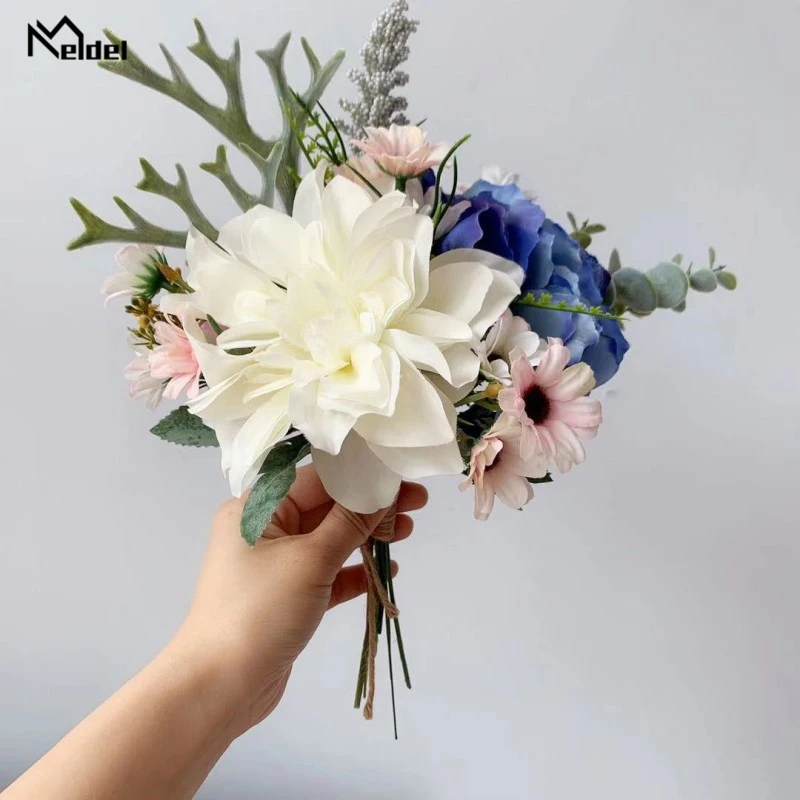 Meldel buquê de flores de damas de honra, buquê de flores artificiais de seda, rosas, buquê de folhas de eucalipto e hortência para casamento