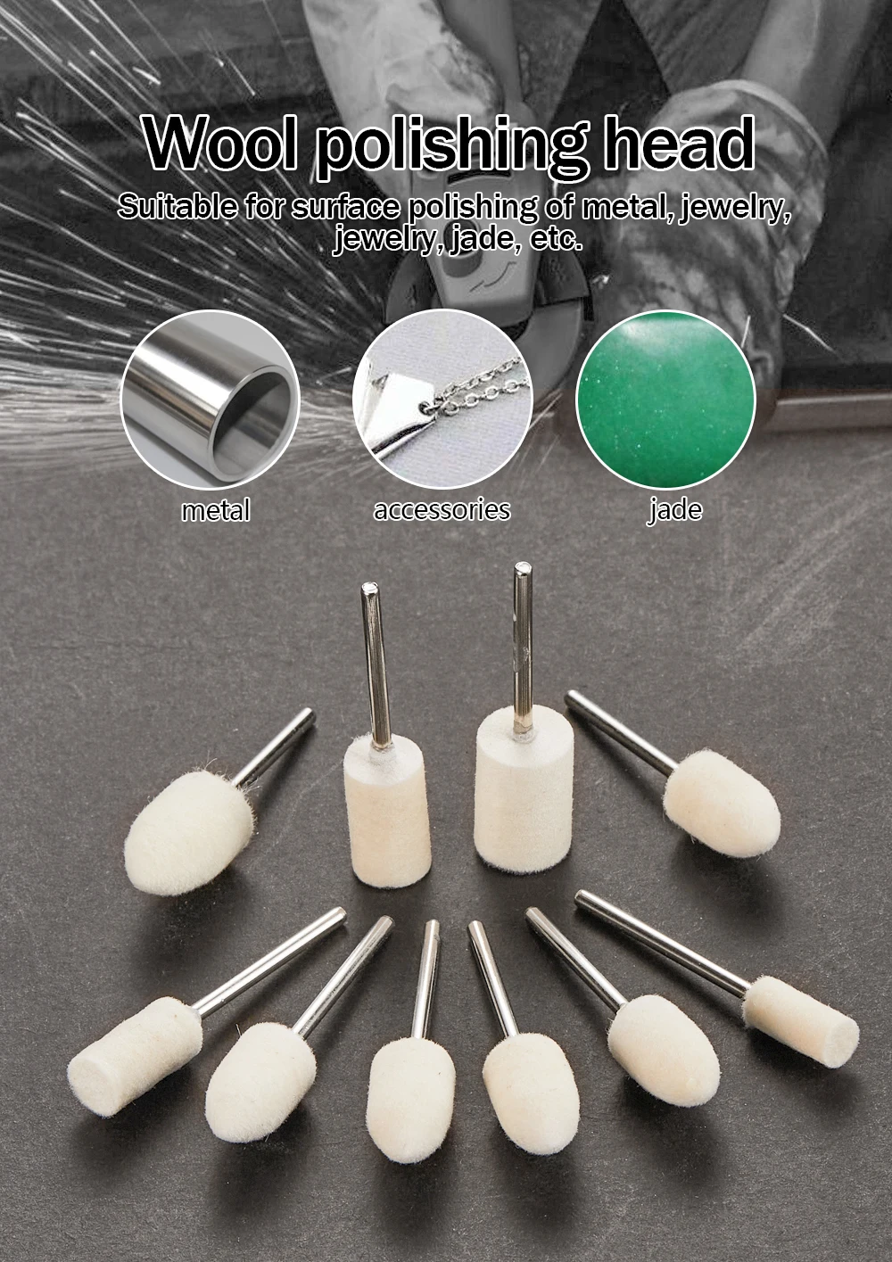 10Pcs Schleifen Polieren Polieren Runde Rad Pad 4-12mm Wollfilz 2,35mm Schaft Metall Oberfläche für Dremel Präzisions Werkzeuge Zubehör – Detail 1