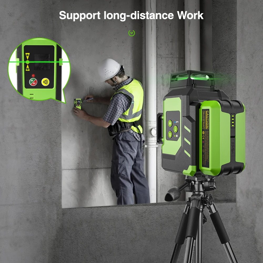 Huepar Cross Line 12 Lines Laser Level 3D Outdoor Self-Leveling Horizontal & Vertical Laser Tool 2 Li-ion Battery with Hard Case