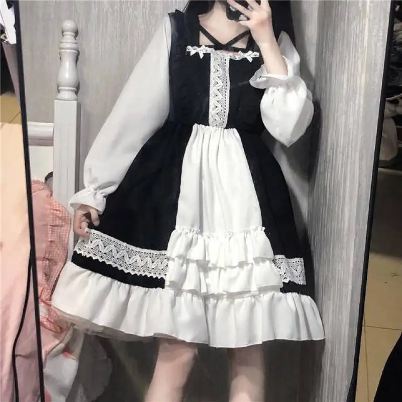 Śliczne damskie Lolita OP sukienka falbany koronki wykończenia w japońskim stylu Harajuku długie rękawy sukienka dla lalek wróżka Vestidos