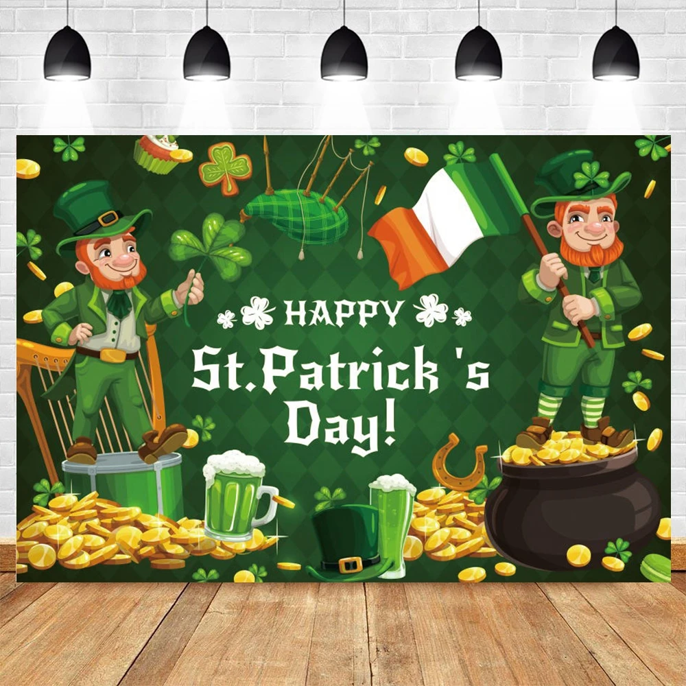 

St. Patrick's Day Photography Backdrop Lucky Party Decoration Green Shamrocks Spring Rainbow Hat Leprechaun Legs Background