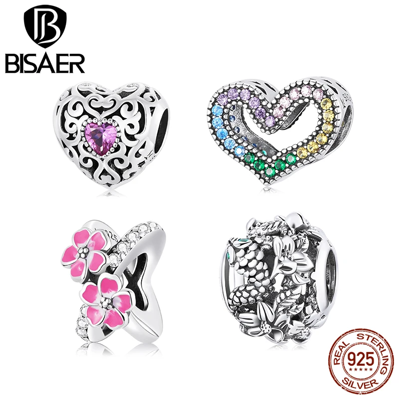 

BISAER 925 Sterling Silve Charm Vintage Snake Pattern Rainbow Heart Pink Flower Charms Fit Bracelets Bangles Women DIY Jewelry