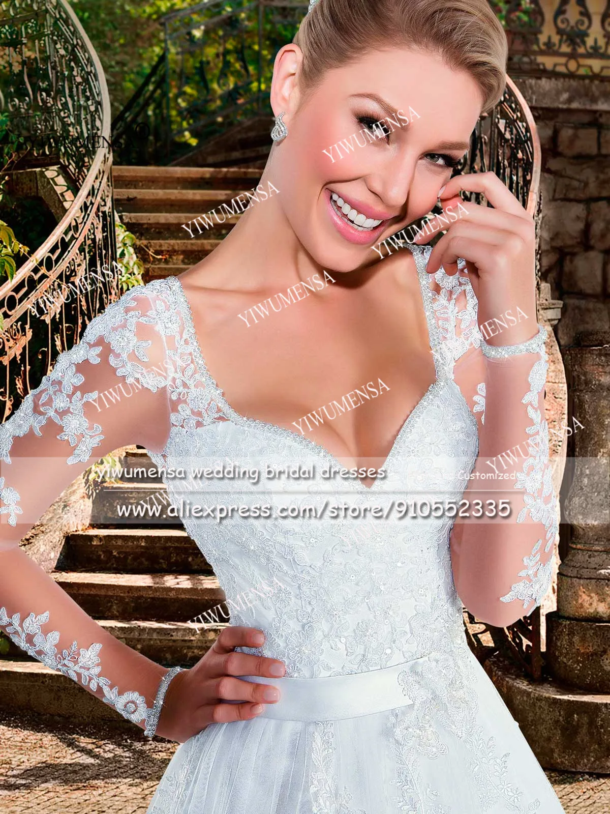 YIWUMENSA Luxury Princess A Line abito da sposa Appliques di pizzo bianco scollo A V perline lunghezza del pavimento bottoni indietro illusione abito da sposa