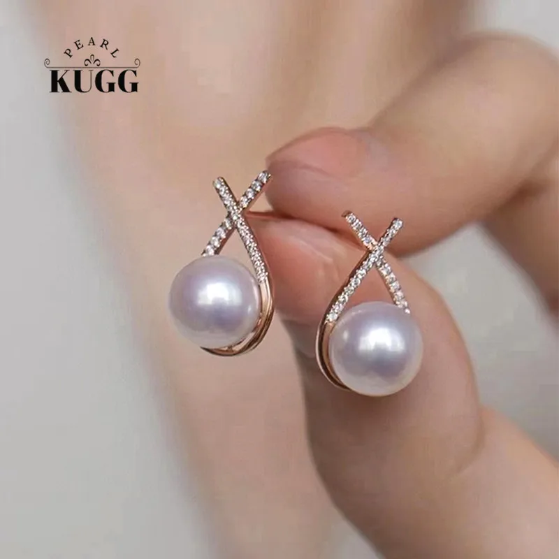 

KUGG PEARL 18k Yellow Gold Earrings Natural Akoya White Pearl and Diamond Earrings Handmade Jewelry Stud Earrings for Women