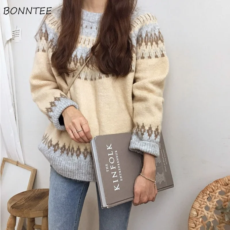 Pullovers Women Patchwork Tender Ulzzang Teenagers Autumn Baggy Feminino Cozy Design Classy Retro Prevalent Basic Panelled Cute