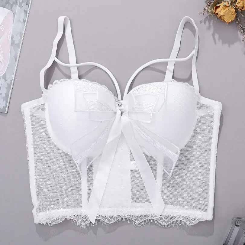 

Women Mesh lace Bustier Corset Sequin bow Slim Crop Top Sexy white Chest Binder Punk Club Corset perspective Bra Tops p2243